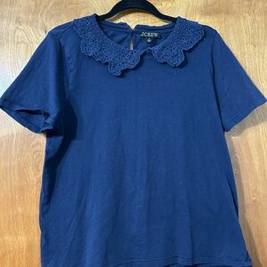J.Crew Navy Eyelet Crochet Peter Pan Collar Top